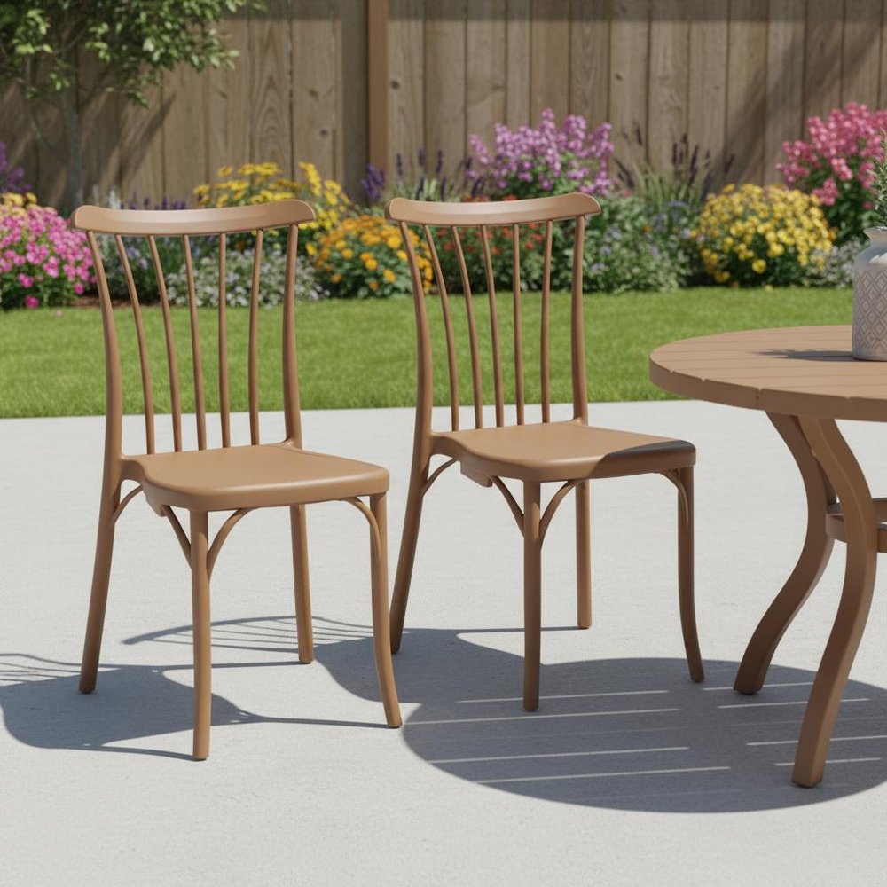 Set of Two Tan and Natural Heavy Duty Plastic Slat Back Dining Side Chairs in a home interior