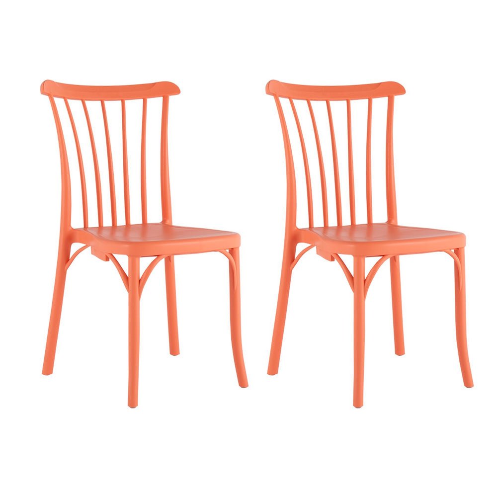 Set of Two Salmon Heavy Duty Plastic Outdoor Stacking Dining Chairs on a white background