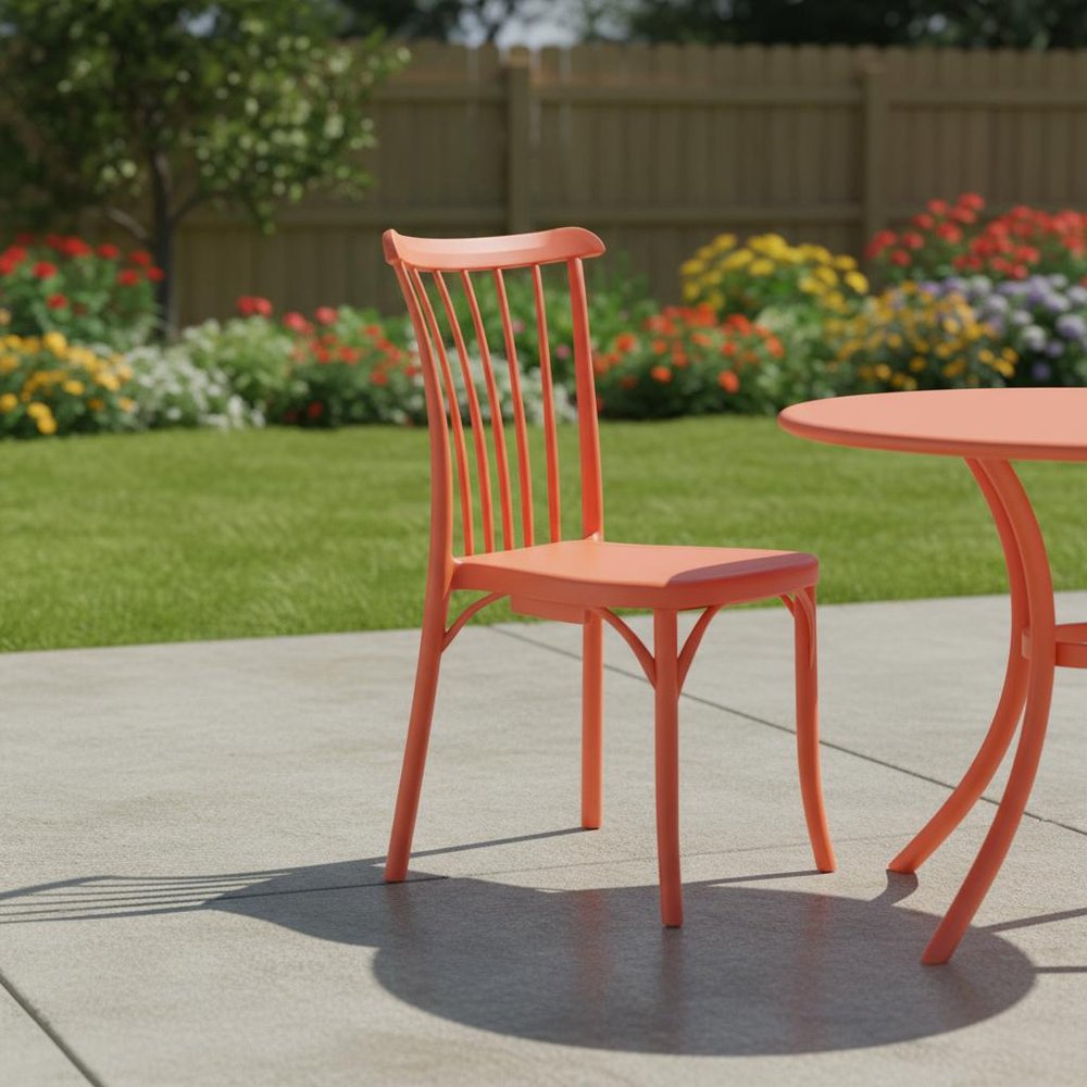 Set of Two Salmon Heavy Duty Plastic Outdoor Stacking Dining Chairs in a home interior