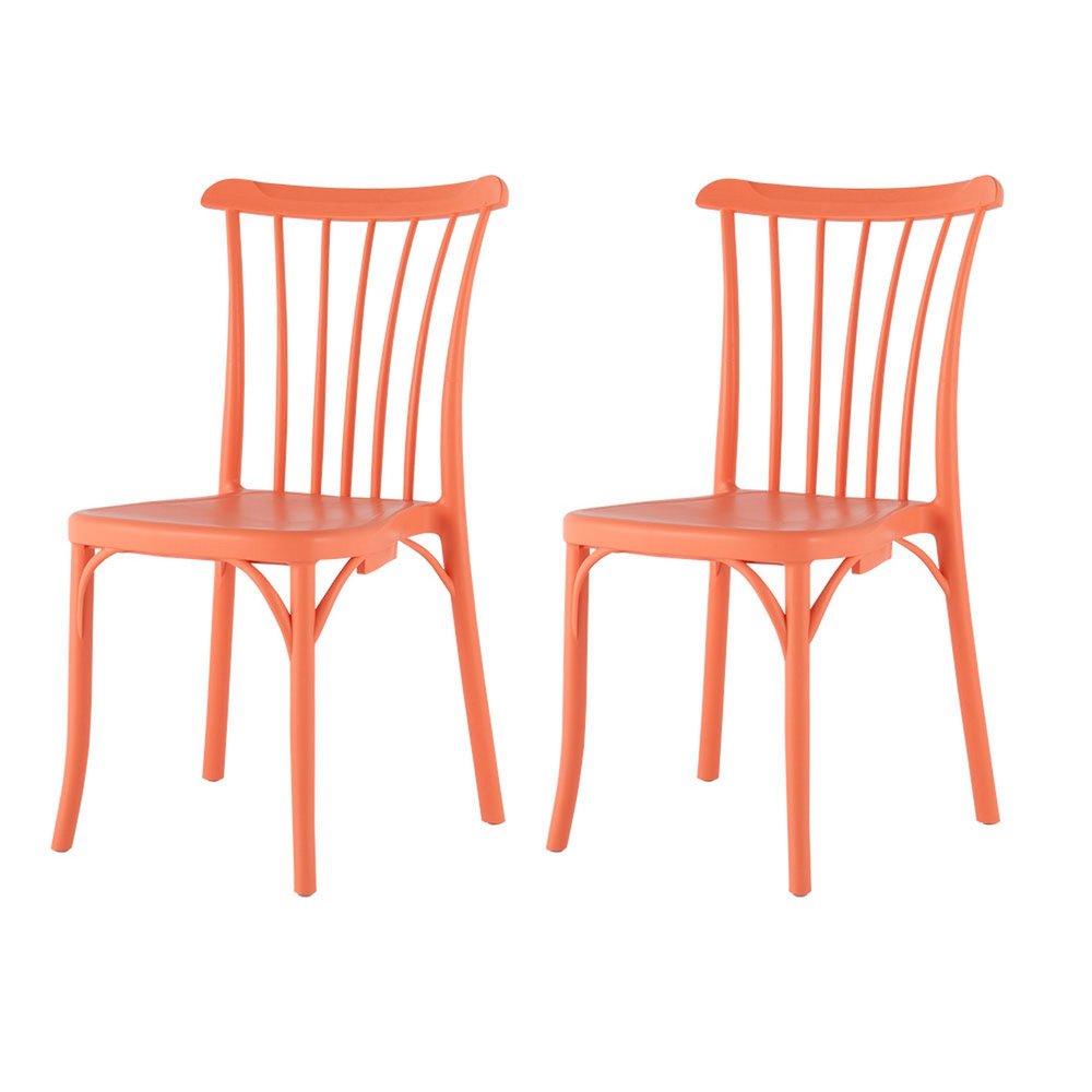 Set of Two Salmon Heavy Duty Plastic Outdoor Stacking Dining Chairs on a white background