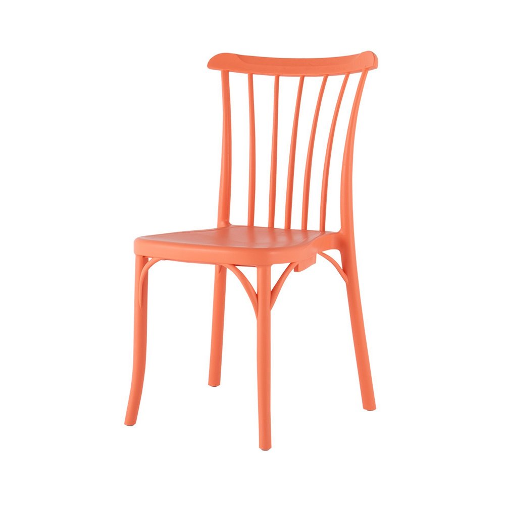 Set of Two Salmon Heavy Duty Plastic Outdoor Stacking Dining Chairs on a white background