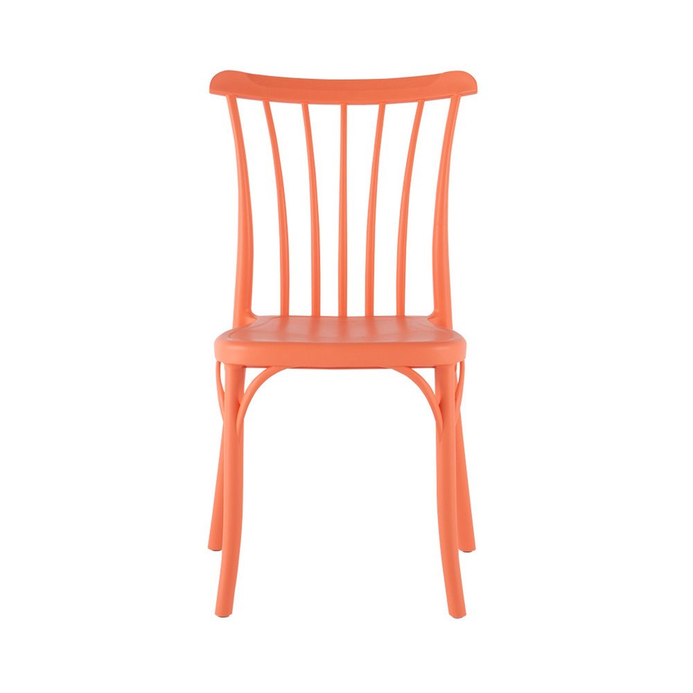 Set of Two Salmon Heavy Duty Plastic Outdoor Stacking Dining Chairs on a white background