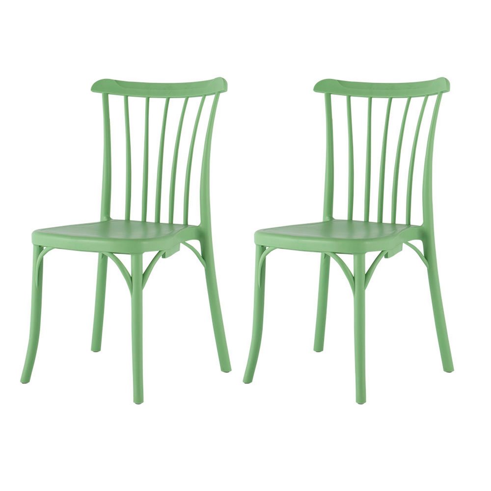 Set of Two Green Heavy Duty Plastic Outdoor Stacking Dining Chairs on a white background