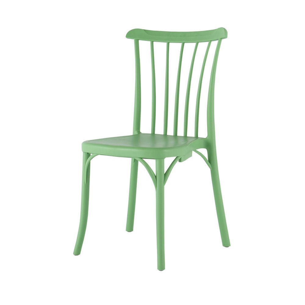 Set of Two Green Heavy Duty Plastic Outdoor Stacking Dining Chairs on a white background
