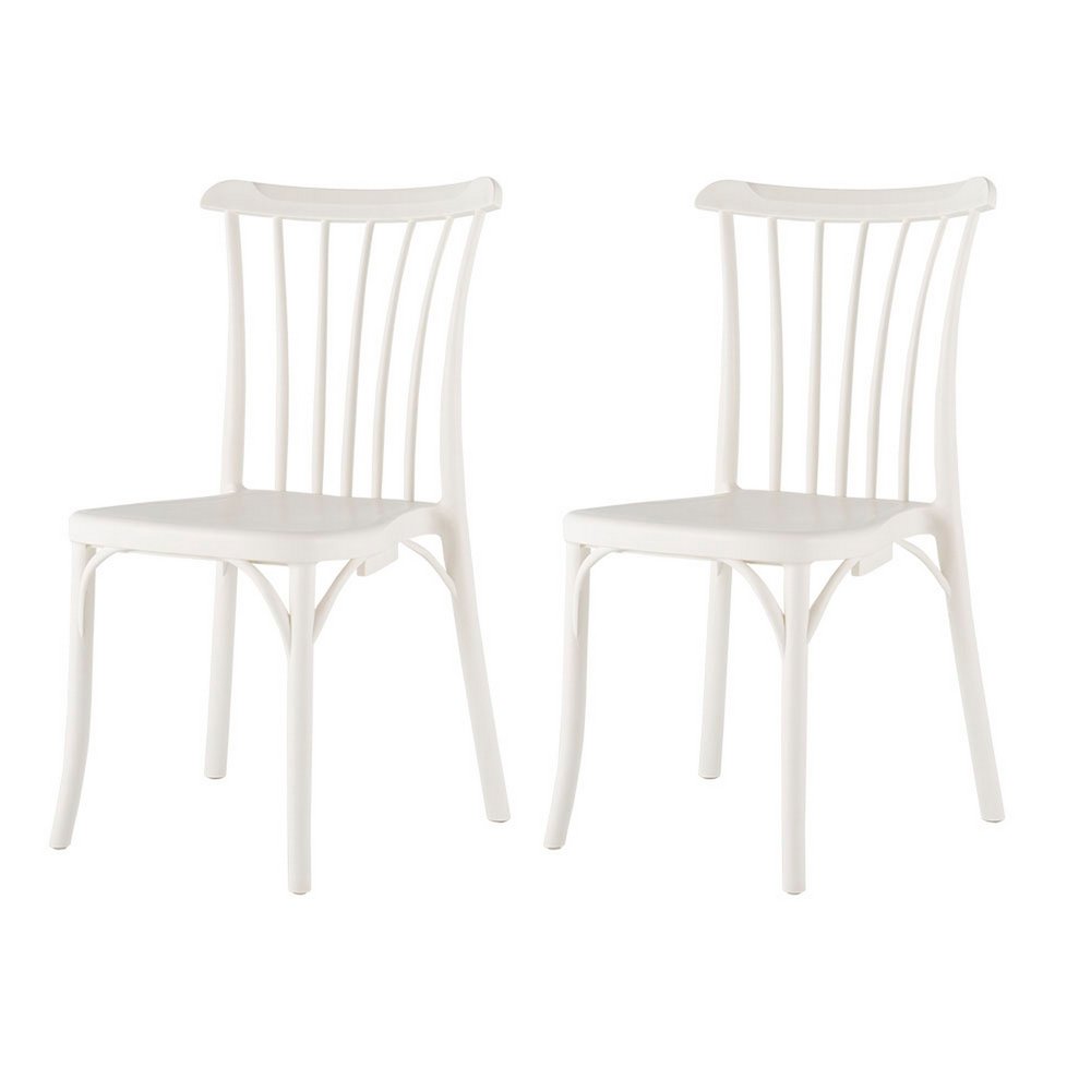 Set of Two White Heavy Duty Plastic Outdoor Stacking Dining Chairs on a white background