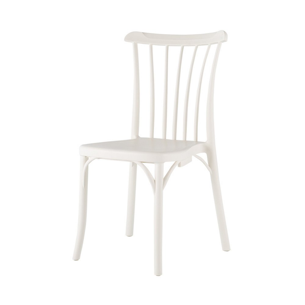 Set of Two White Heavy Duty Plastic Outdoor Stacking Dining Chairs on a white background