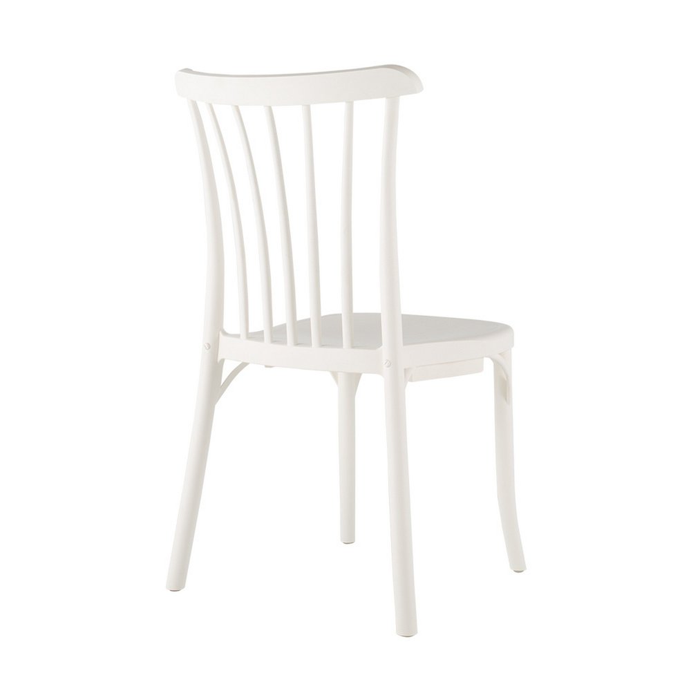 Set of Two White Heavy Duty Plastic Outdoor Stacking Dining Chairs on a white background