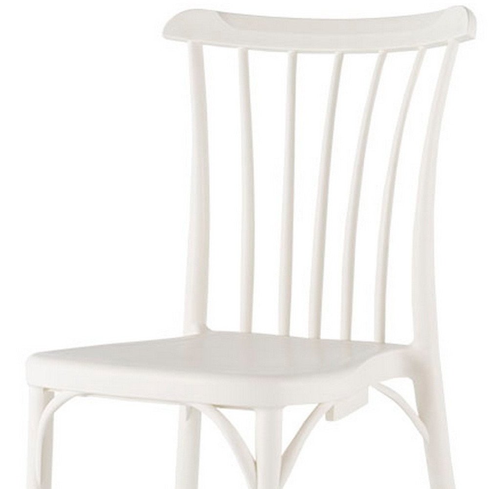 Set of Two White Heavy Duty Plastic Outdoor Stacking Dining Chairs on a white background