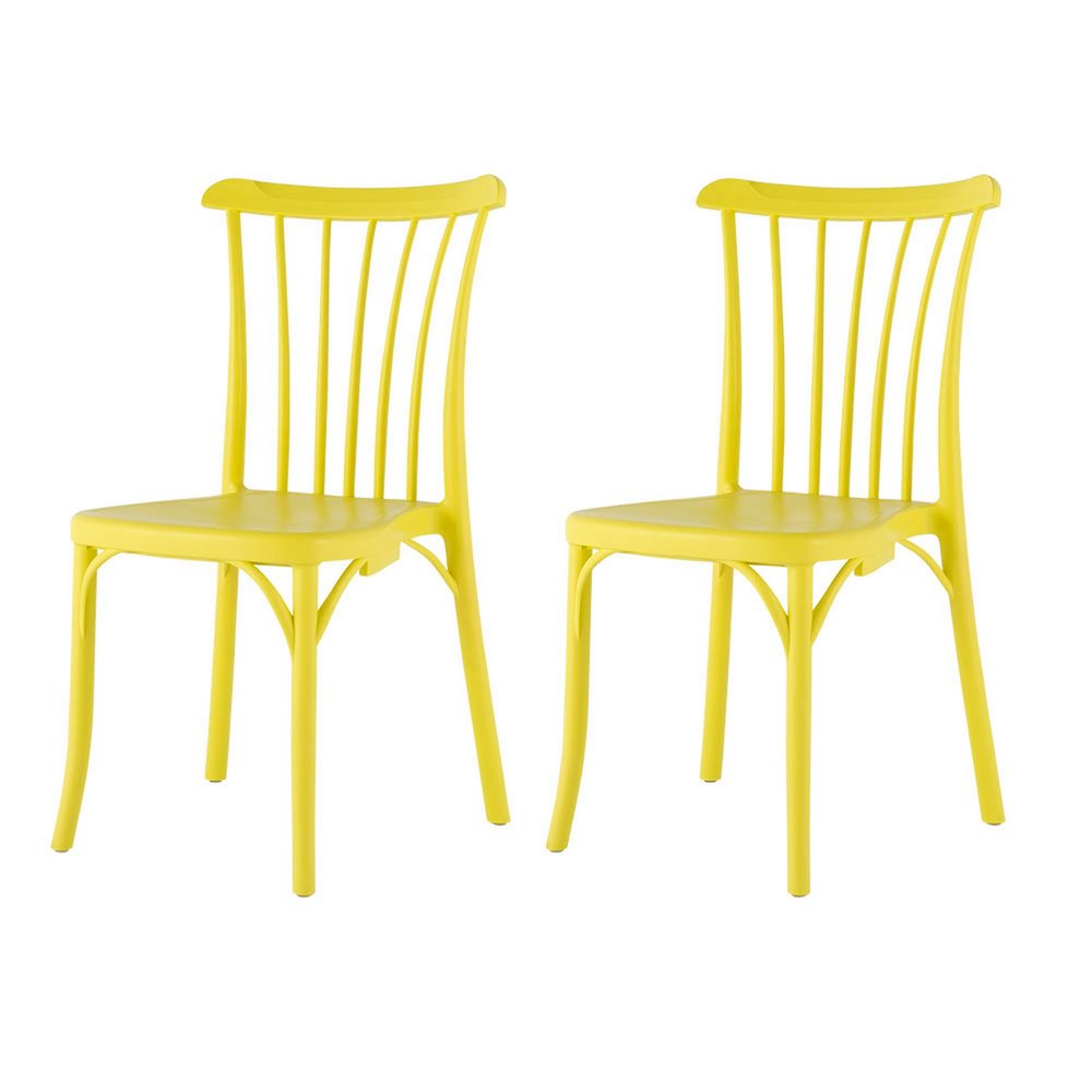 Set of Two Yellow Heavy Duty Plastic Outdoor Stacking Dining Chairs on a white background