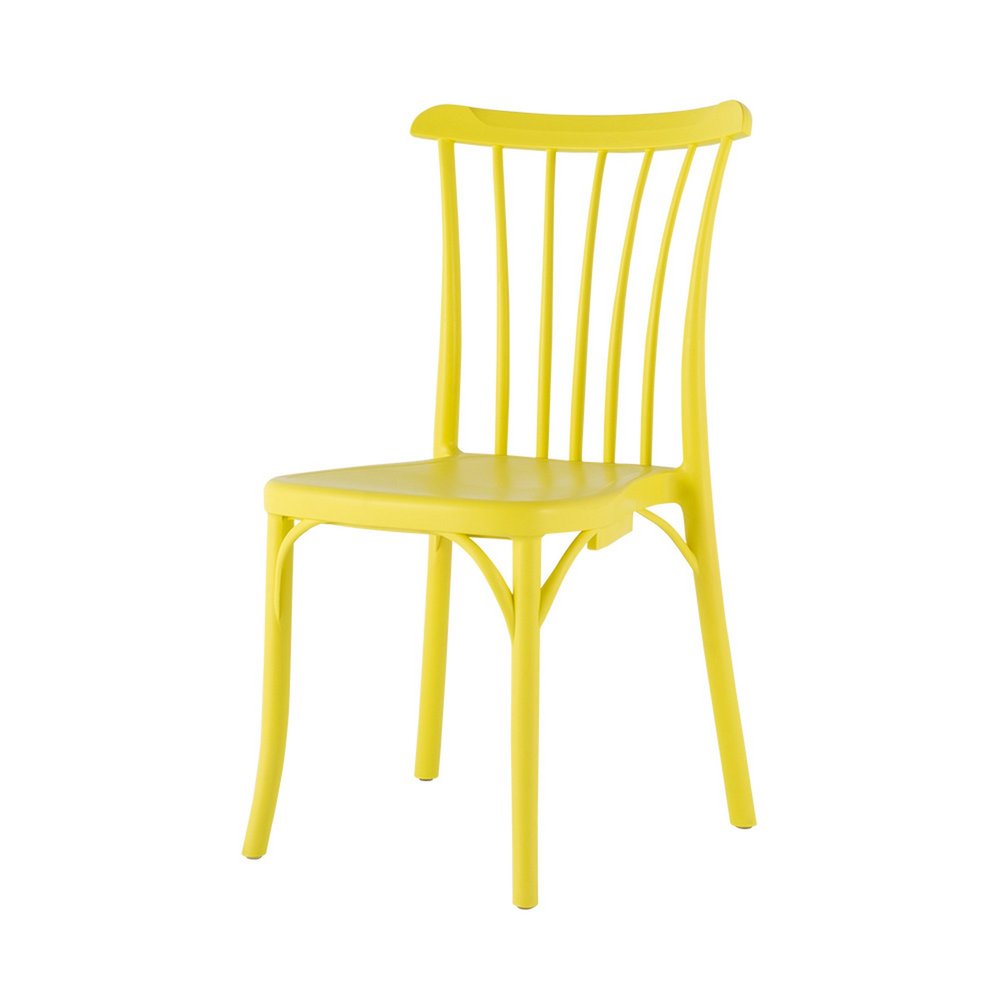 Set of Two Yellow Heavy Duty Plastic Outdoor Stacking Dining Chairs on a white background