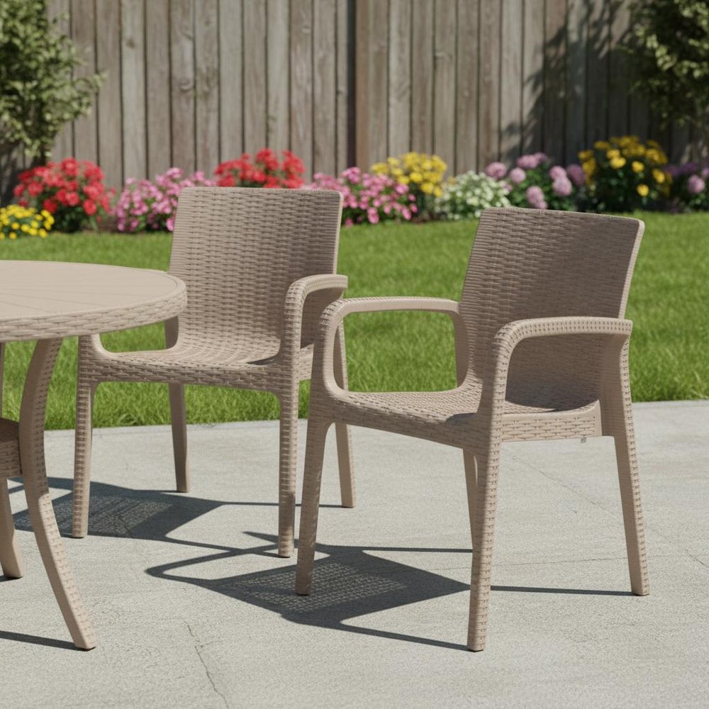 Set of Two Taupe Faux Rattan Heavy Duty Plastic Outdoor Stacking Arm Chairs in a home interior