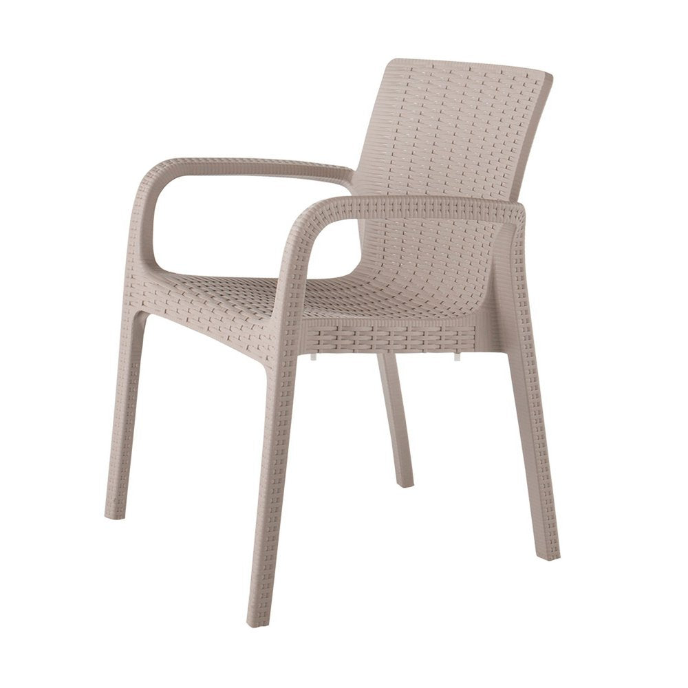 Set of Two Taupe Faux Rattan Heavy Duty Plastic Outdoor Stacking Arm Chairs on a white background