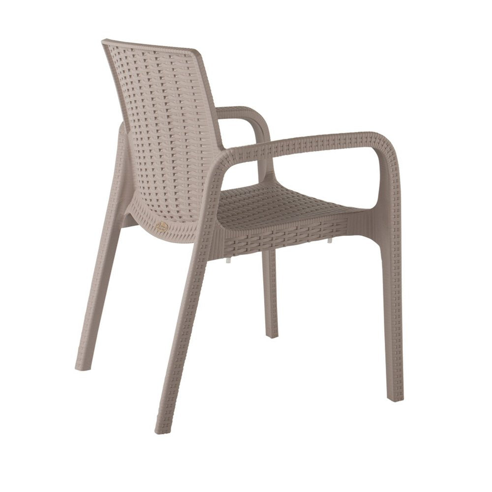Set of Two Taupe Faux Rattan Heavy Duty Plastic Outdoor Stacking Arm Chairs on a white background