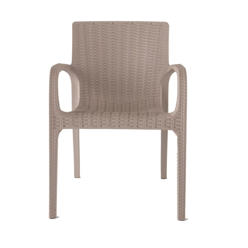 Set of Two Taupe Faux Rattan Heavy Duty Plastic Outdoor Stacking Arm Chairs on a white background