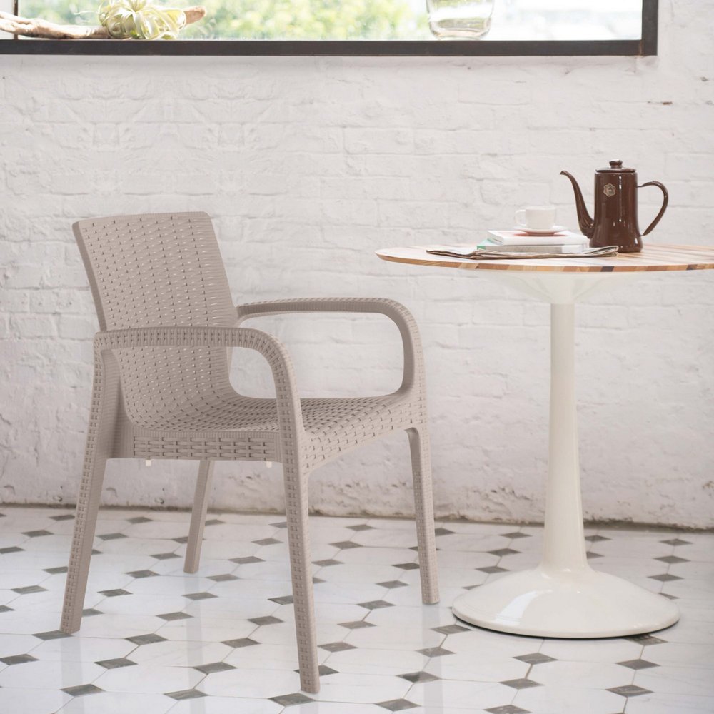 Set of Two Taupe Faux Rattan Heavy Duty Plastic Outdoor Stacking Arm Chairs on a white background