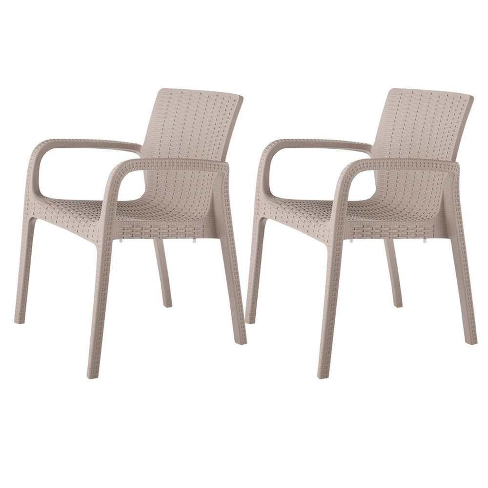 Set of Two Taupe Faux Rattan Heavy Duty Plastic Outdoor Stacking Arm Chairs on a white background