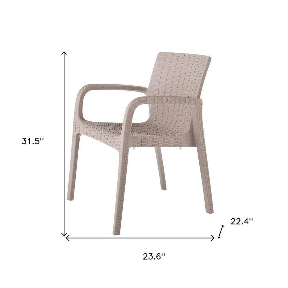 Set of Two Taupe Faux Rattan Heavy Duty Plastic Outdoor Stacking Arm Chairs on a white background