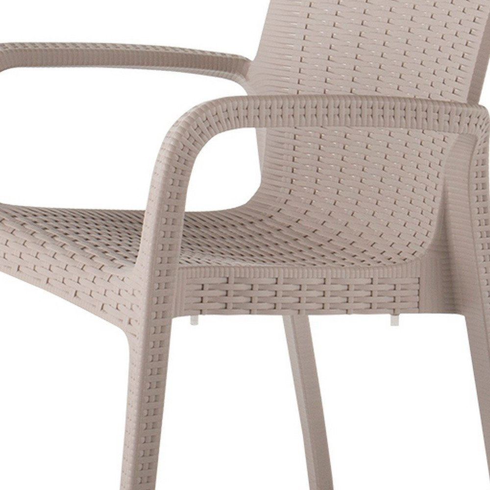 Set of Two Taupe Faux Rattan Heavy Duty Plastic Outdoor Stacking Arm Chairs on a white background