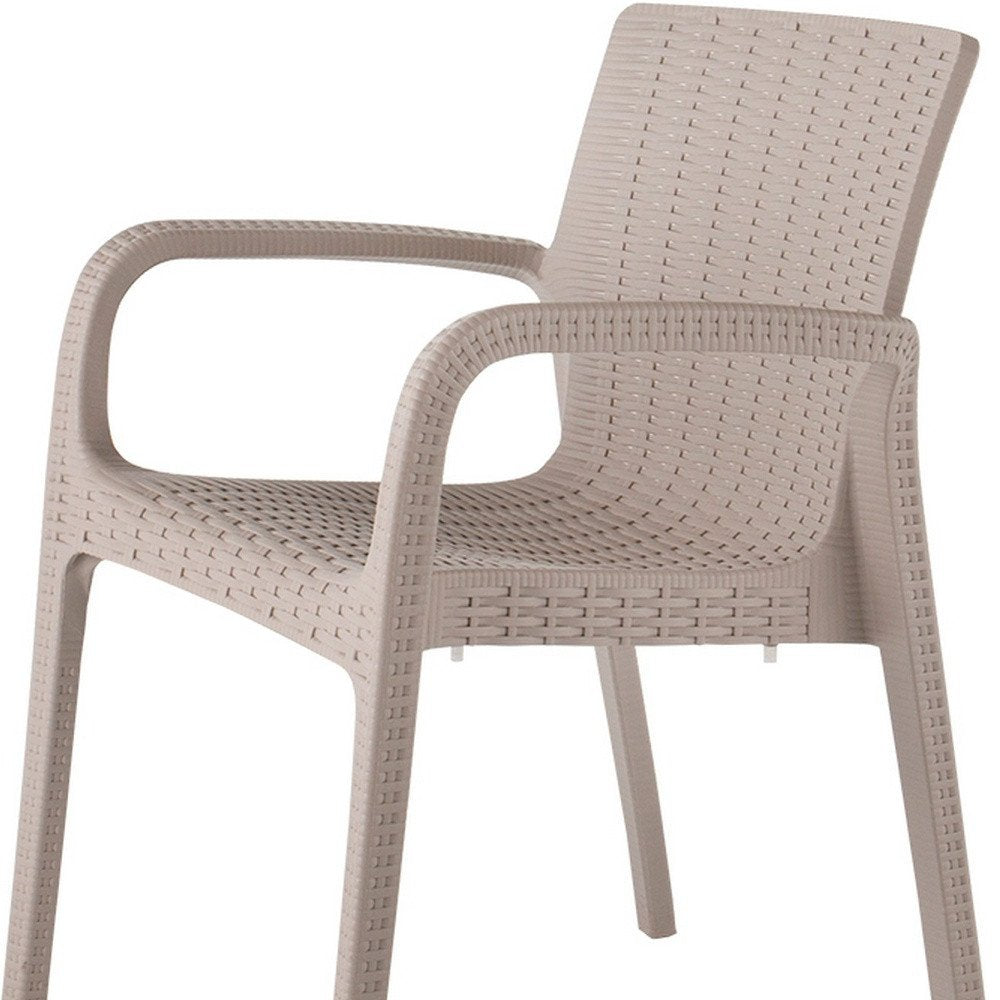 Set of Two Taupe Faux Rattan Heavy Duty Plastic Outdoor Stacking Arm Chairs on a white background