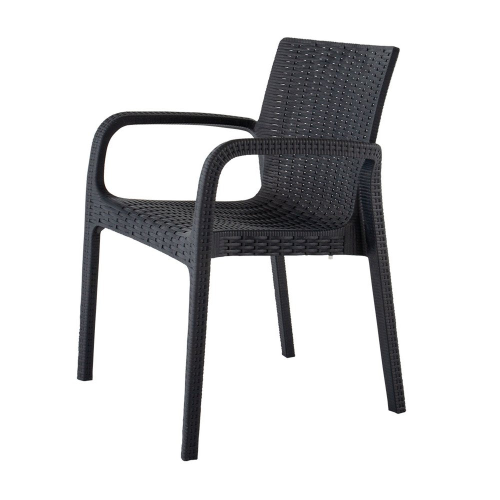 Set of Two Black Faux Rattan Heavy Duty Plastic Outdoor Stacking Arm Chairs on a white background