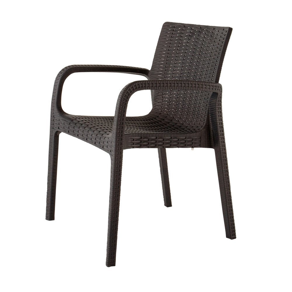 Set of Two Brown Faux Rattan Heavy Duty Plastic Outdoor Stacking Arm Chairs on a white background