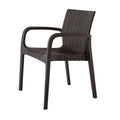 Set of Two Brown Faux Rattan Heavy Duty Plastic Outdoor Stacking Arm Chairs on a white background