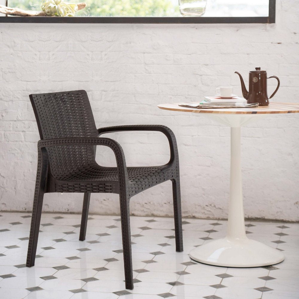 Set of Two Brown Faux Rattan Heavy Duty Plastic Outdoor Stacking Arm Chairs on a white background