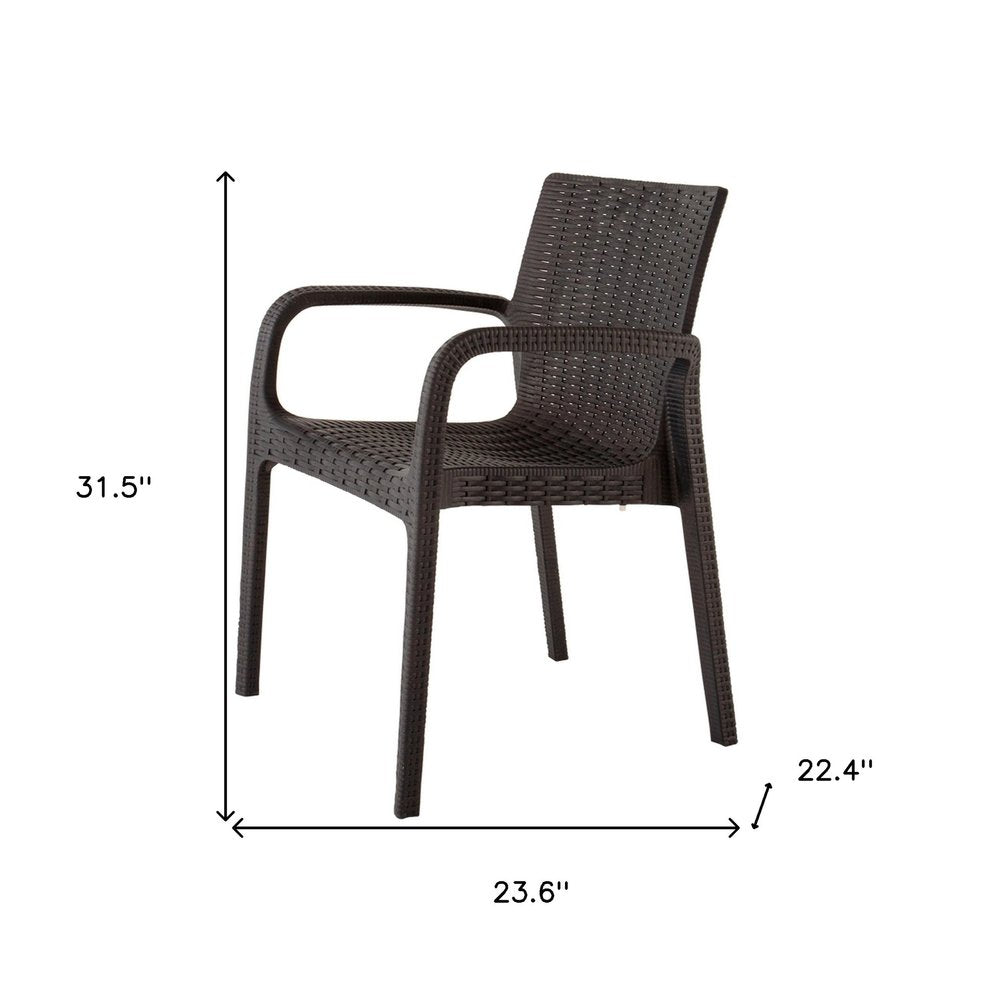 Set of Two Brown Faux Rattan Heavy Duty Plastic Outdoor Stacking Arm Chairs on a white background