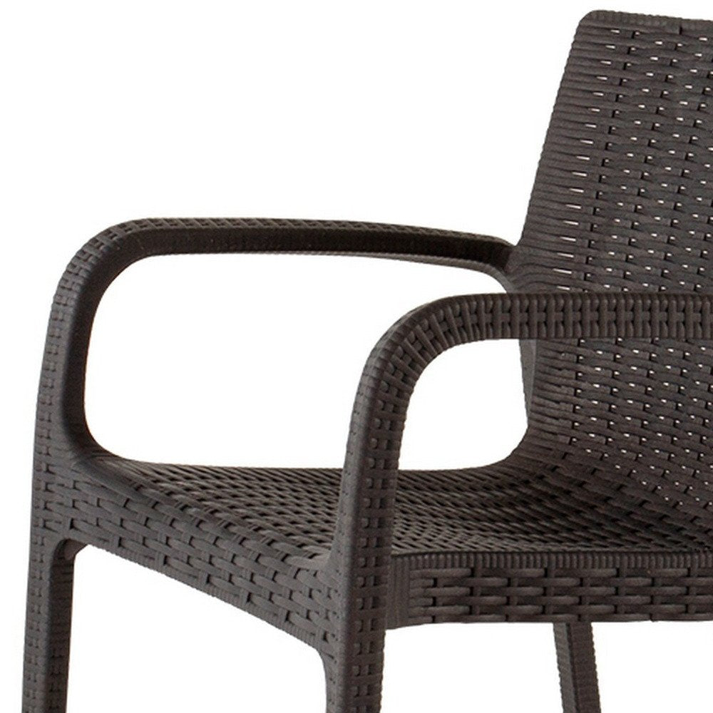 Set of Two Brown Faux Rattan Heavy Duty Plastic Outdoor Stacking Arm Chairs on a white background