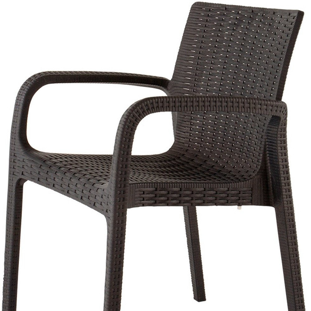 Set of Two Brown Faux Rattan Heavy Duty Plastic Outdoor Stacking Arm Chairs on a white background