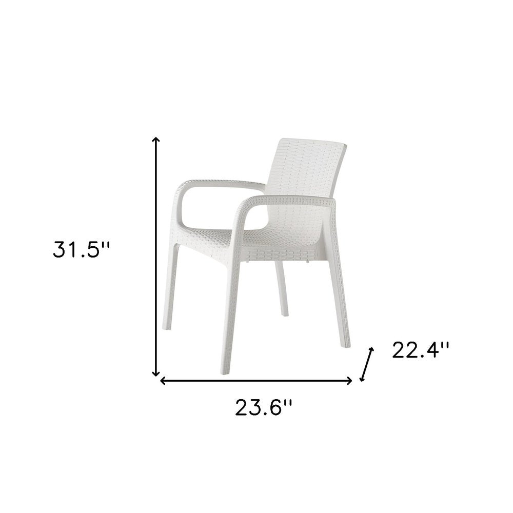 Set of Two White Faux Rattan Heavy Duty Plastic Outdoor Stacking Arm Chairs on a white background