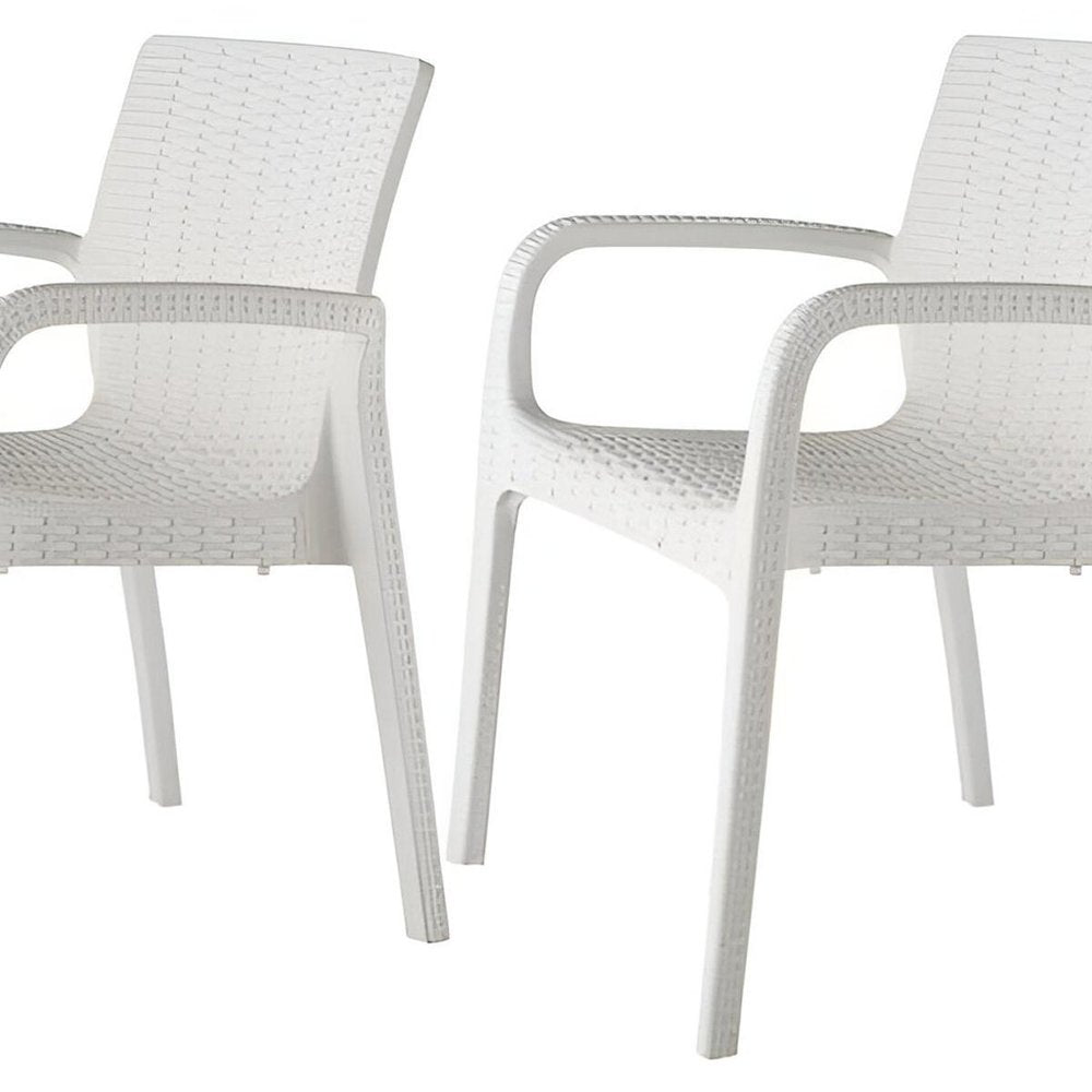 Set of Two White Faux Rattan Heavy Duty Plastic Outdoor Stacking Arm Chairs on a white background