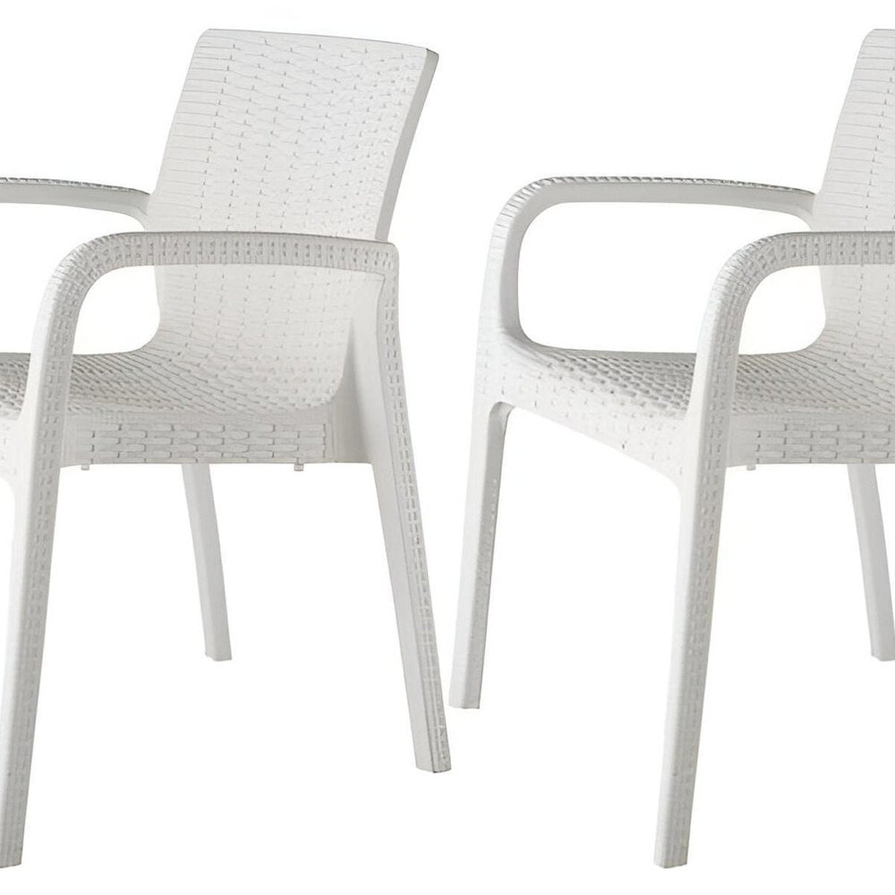 Set of Two White Faux Rattan Heavy Duty Plastic Outdoor Stacking Arm Chairs on a white background
