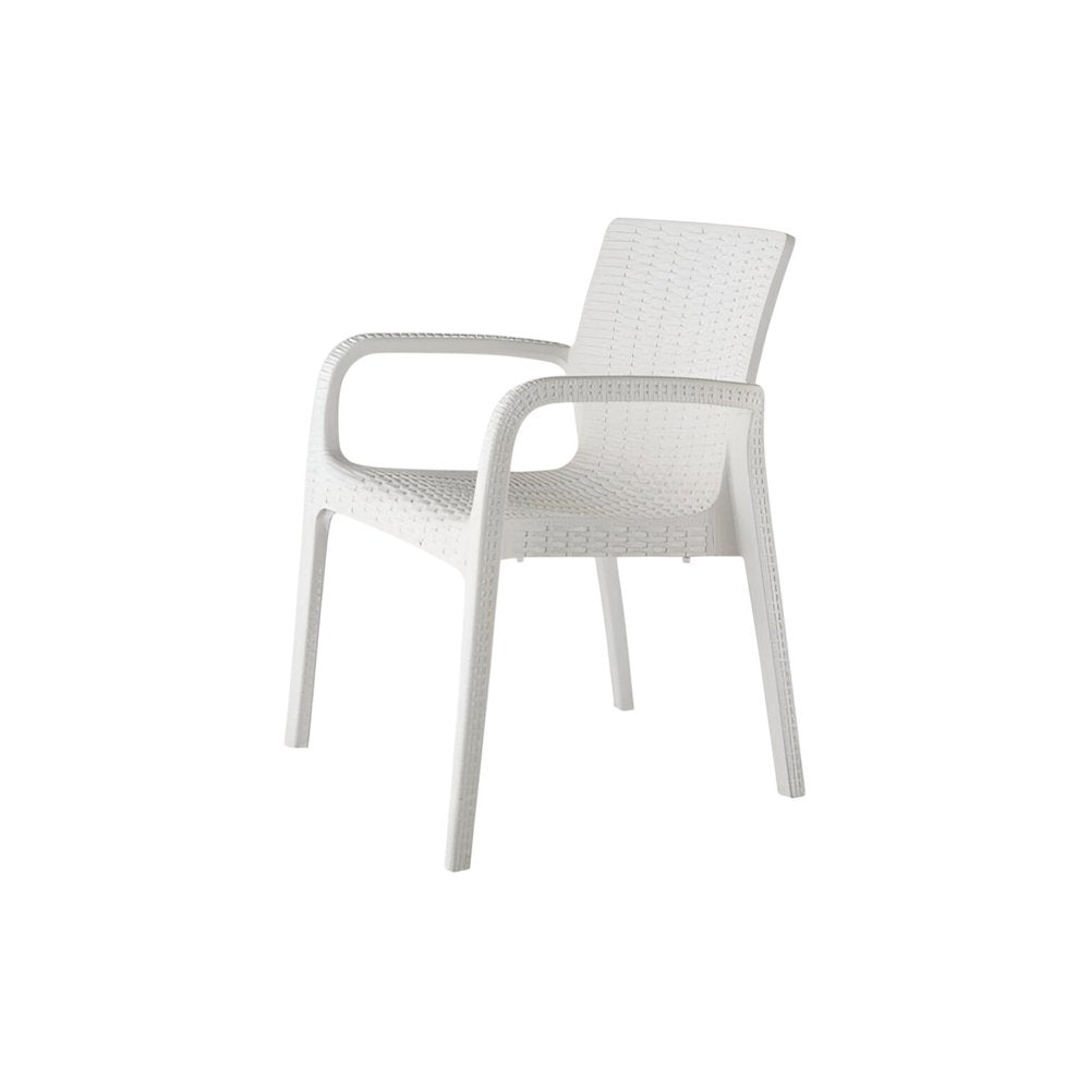 Set of Two White Faux Rattan Heavy Duty Plastic Outdoor Stacking Arm Chairs on a white background