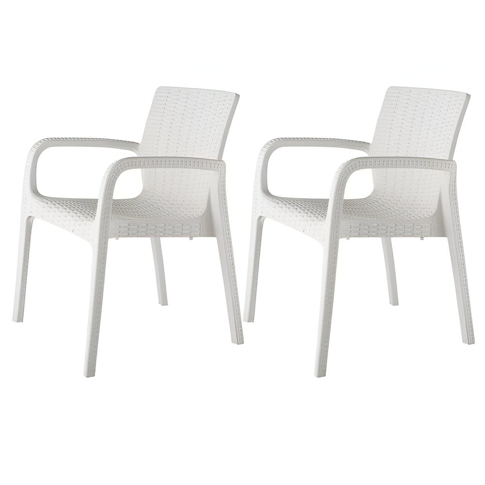 Set of Two White Faux Rattan Heavy Duty Plastic Outdoor Stacking Arm Chairs on a white background