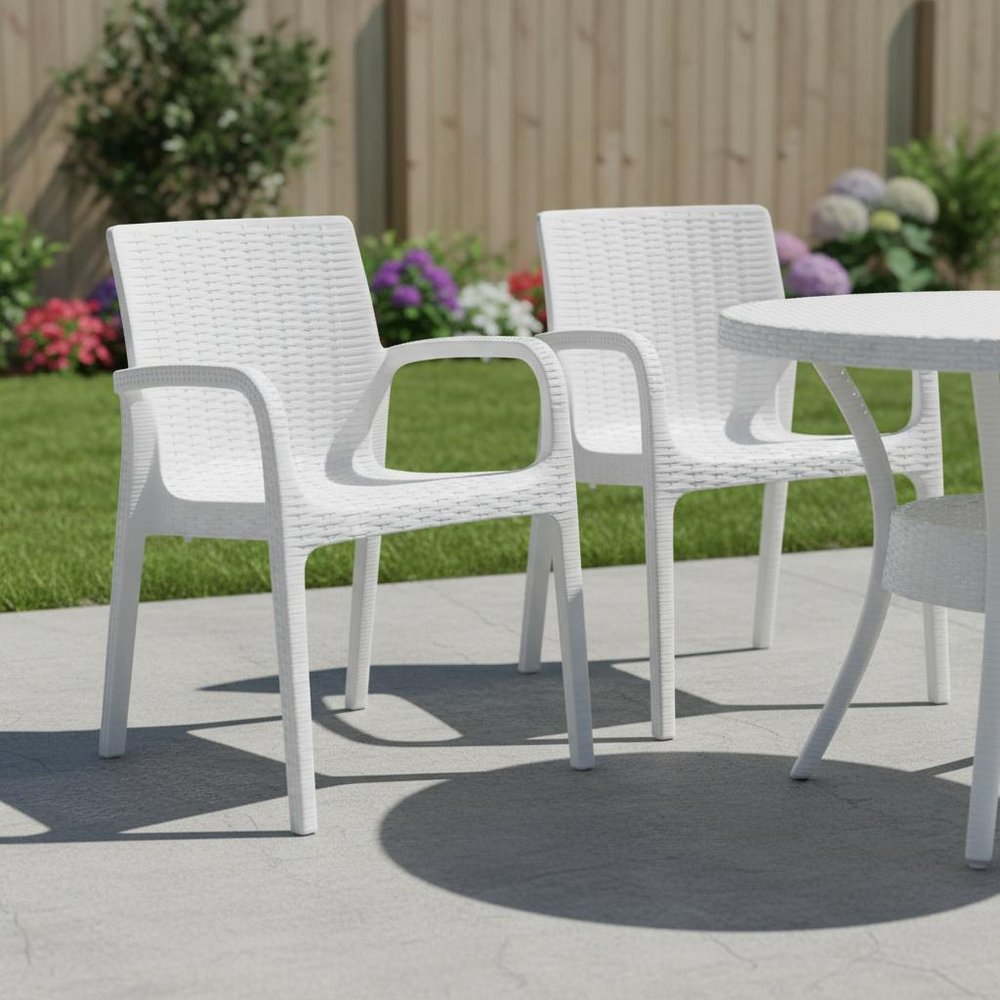 Set of Two White Faux Rattan Heavy Duty Plastic Outdoor Stacking Arm Chairs