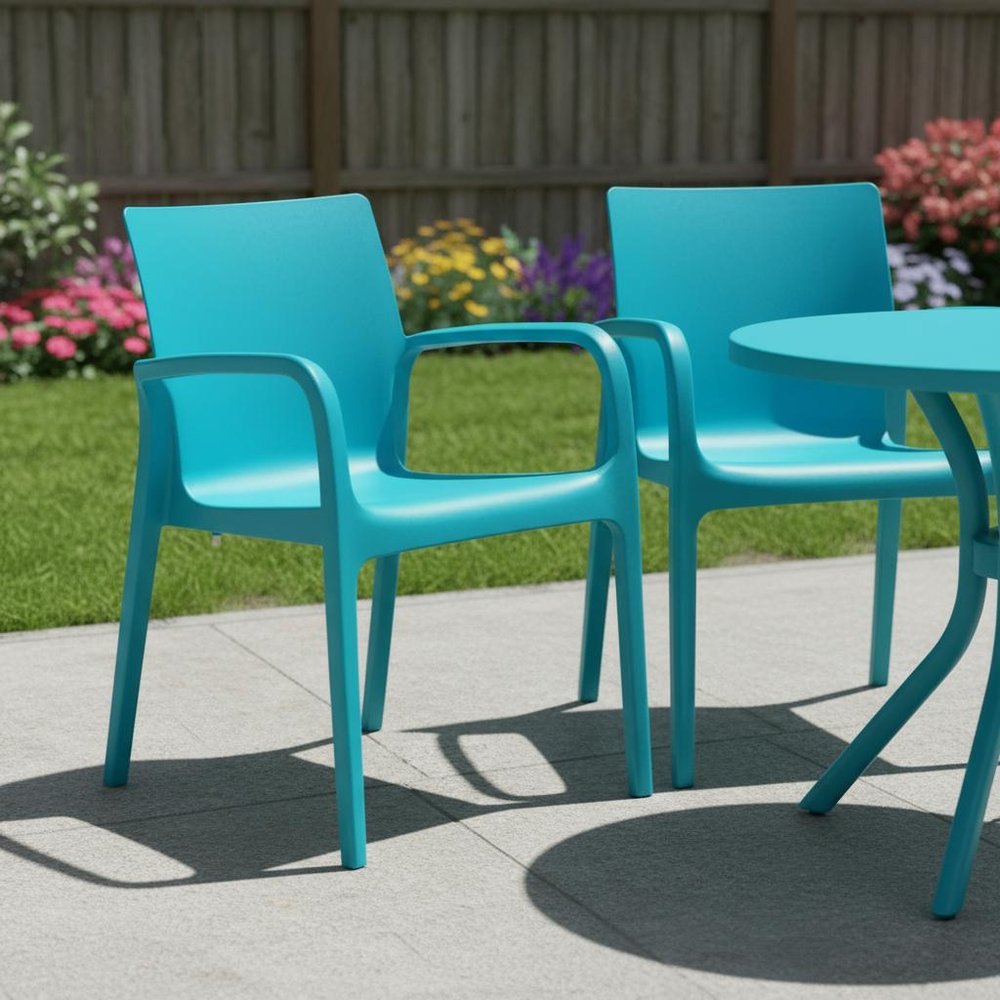 Set of Two Blue Heavy Duty Plastic Outdoor Stacking Dining Chairs in a home interior