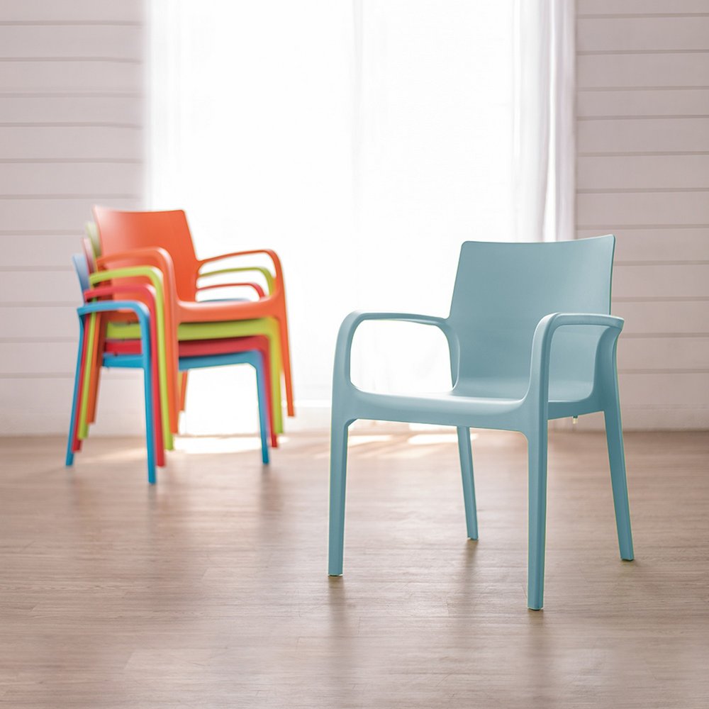 Set of Two Baby Blue Heavy Duty Plastic Outdoor Stacking Dining Chairs on a white background
