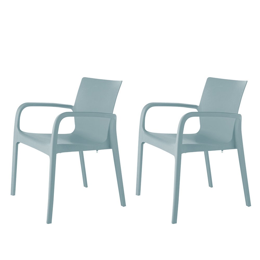 Set of Two Baby Blue Heavy Duty Plastic Outdoor Stacking Dining Chairs on a white background