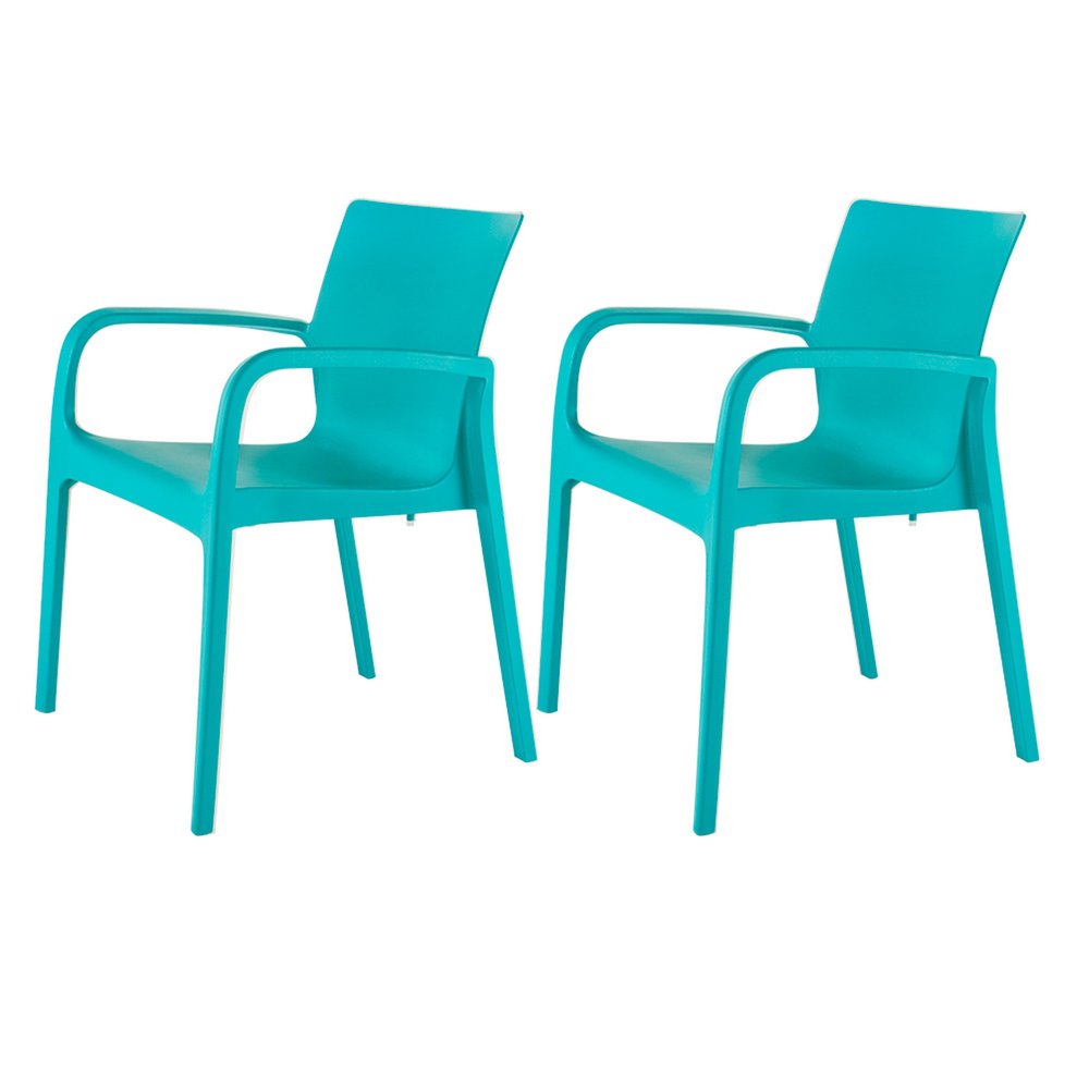 Set of Two Turquoise Heavy Duty Plastic Outdoor Stacking Dining Chairs on a white background