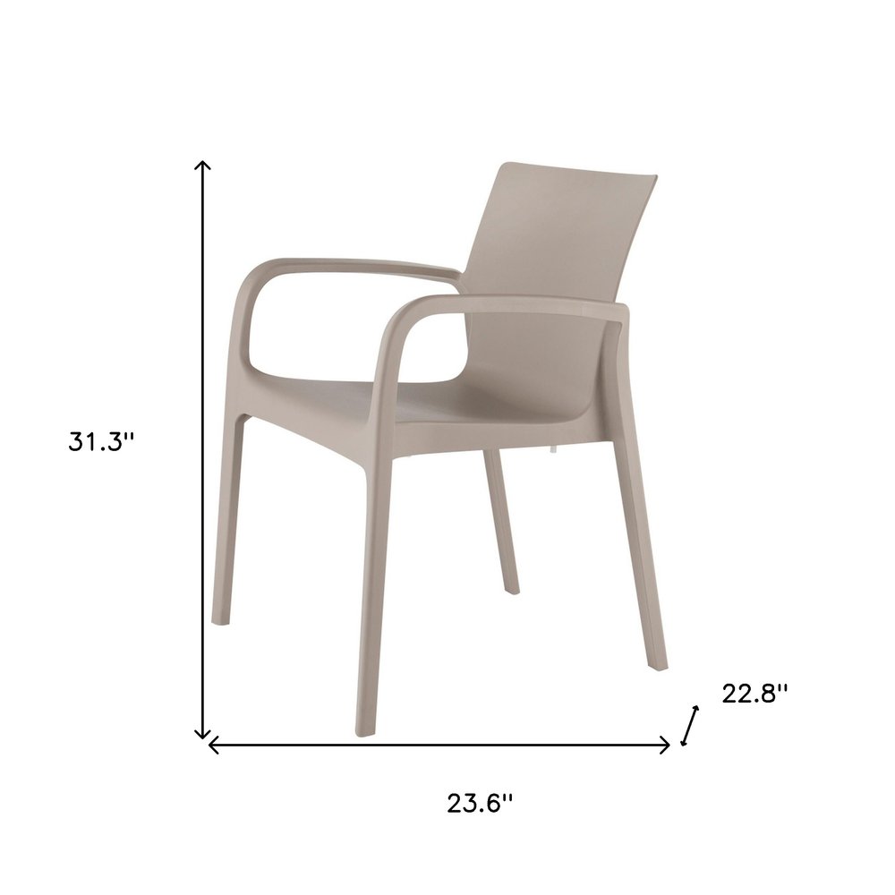 Set of Two Taupe Heavy Duty Plastic Outdoor Stacking Dining Chairs on a white background