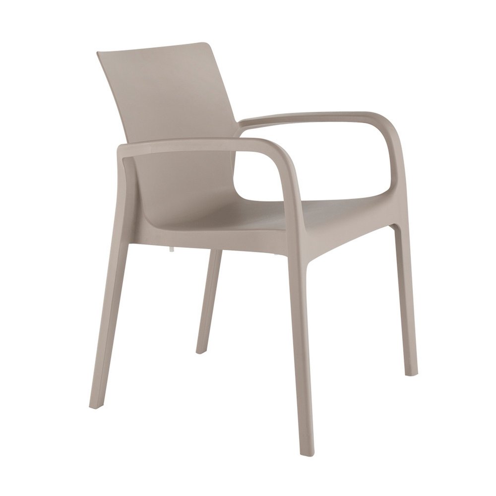 Set of Two Taupe Heavy Duty Plastic Outdoor Stacking Dining Chairs on a white background