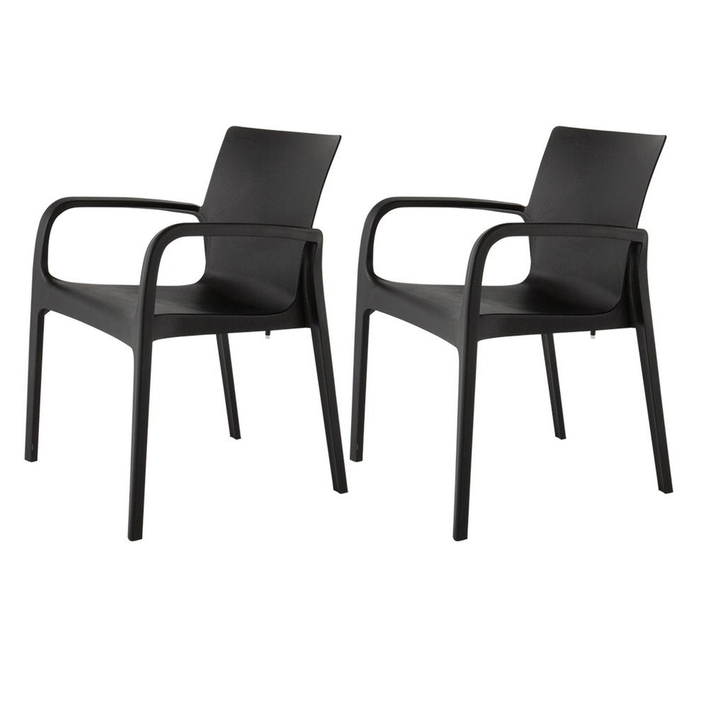 Set of Two Black Heavy Duty Plastic Outdoor Stacking Dining Chairs on a white background