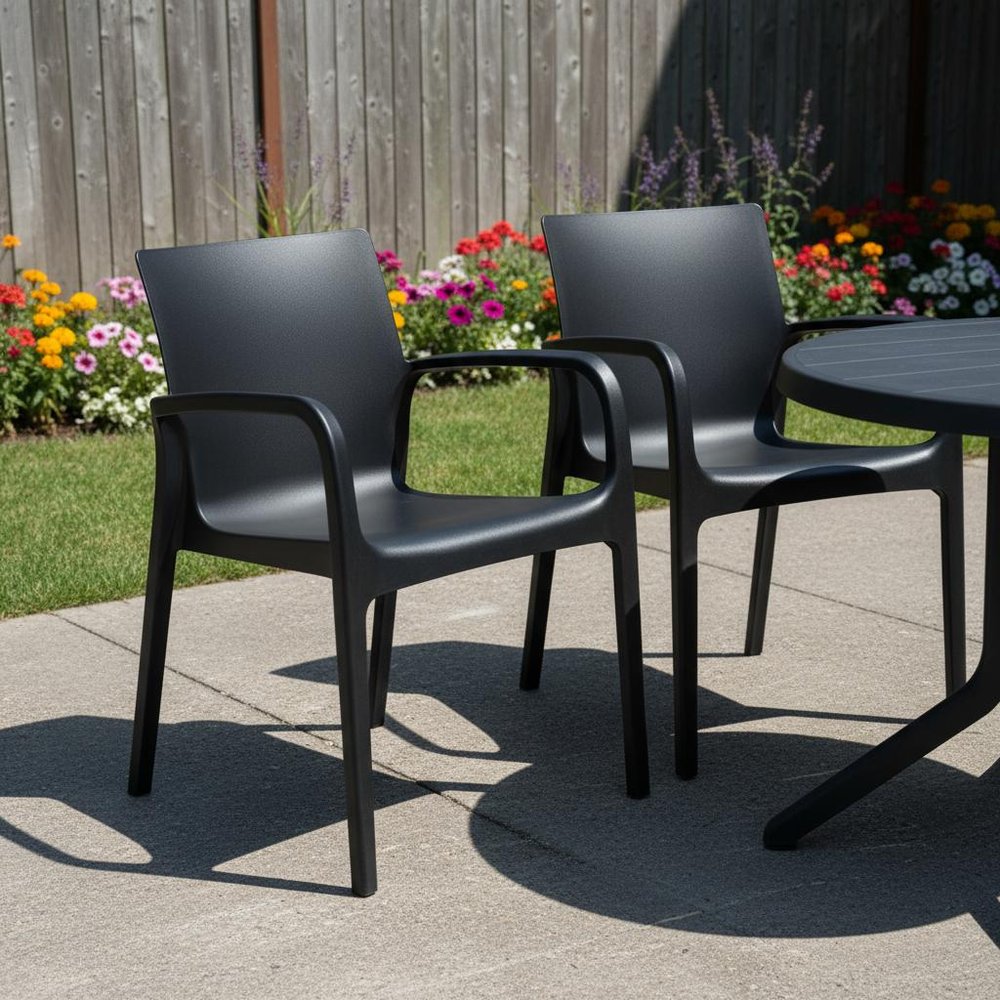 Set of Two Black Heavy Duty Plastic Outdoor Stacking Dining Chairs in a home interior