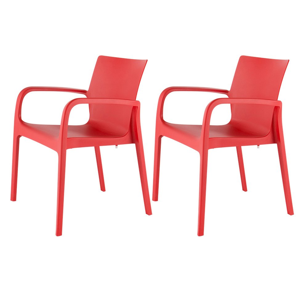 Set of Two Red Heavy Duty Plastic Outdoor Stacking Dining Chairs on a white background