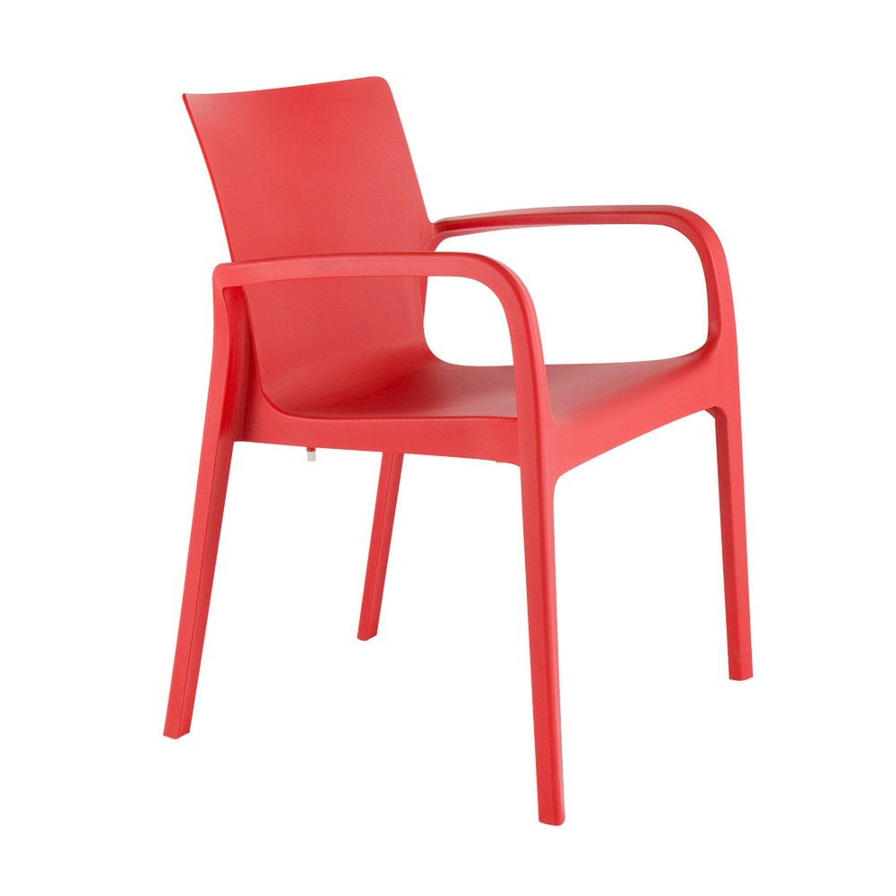 Set of Two Red Heavy Duty Plastic Outdoor Stacking Dining Chairs on a white background