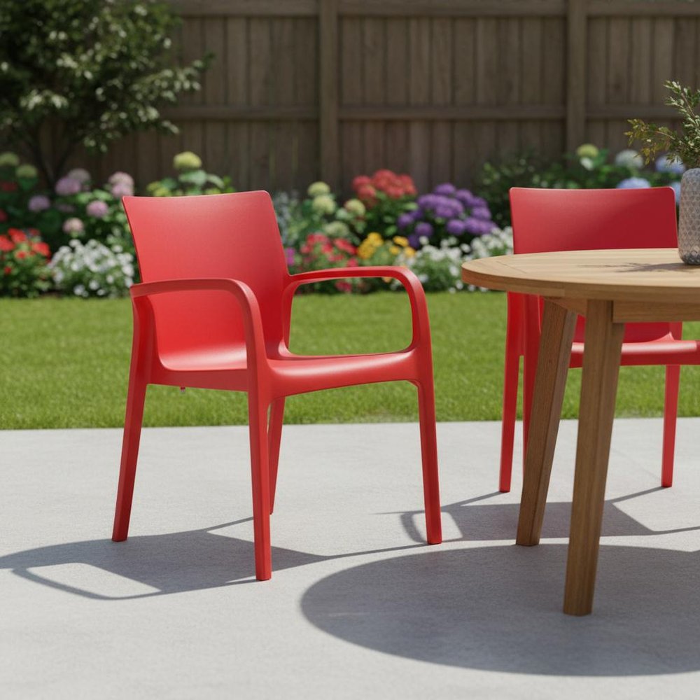 Set of Two Red Heavy Duty Plastic Outdoor Stacking Dining Chairs in a home interior