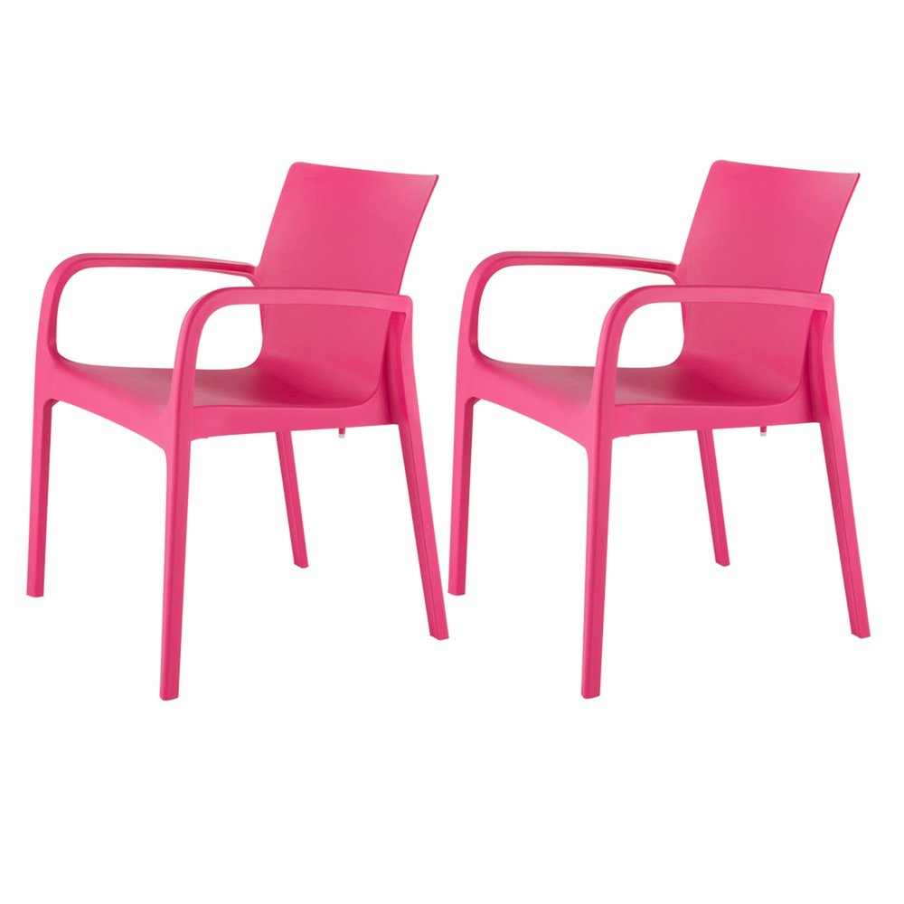 Set of Two Fuchsia Heavy Duty Plastic Outdoor Stacking Dining Chairs on a white background