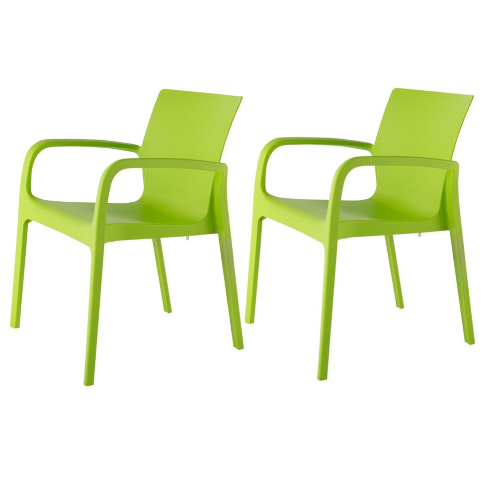 Set of Two Green Heavy Duty Plastic Outdoor Stacking Dining Chairs on a white background