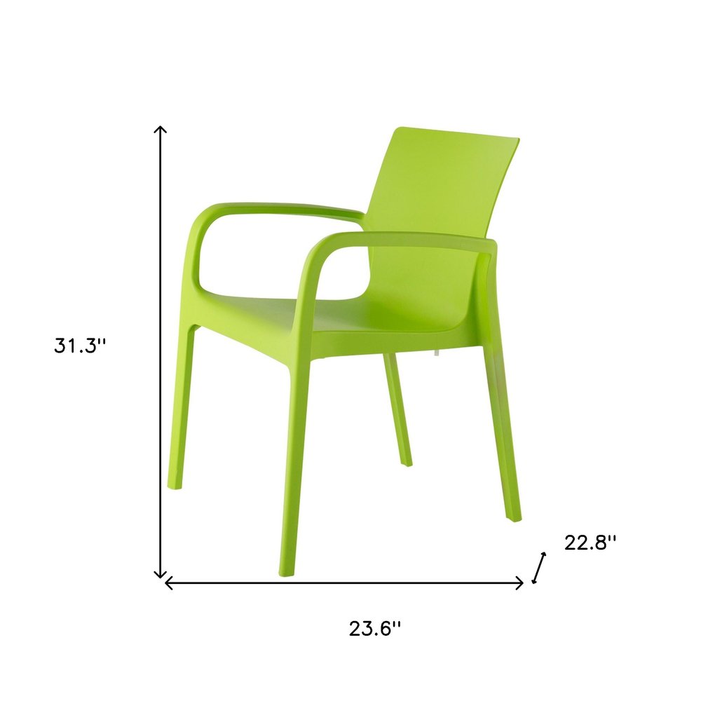Set of Two Green Heavy Duty Plastic Outdoor Stacking Dining Chairs on a white background